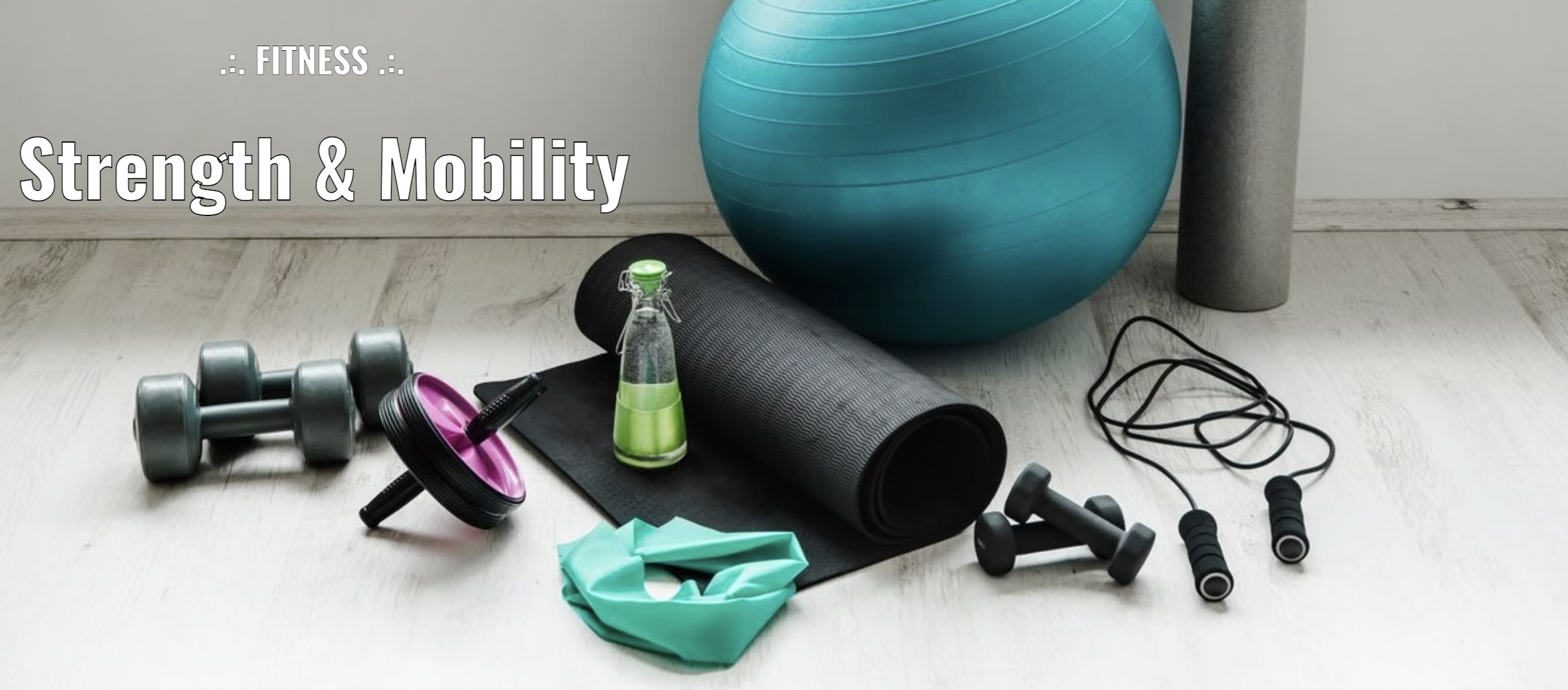photo of dumbbells, ab roller, yoga mat, jump rope, water bottle, foam roller, and exercise ball on floor